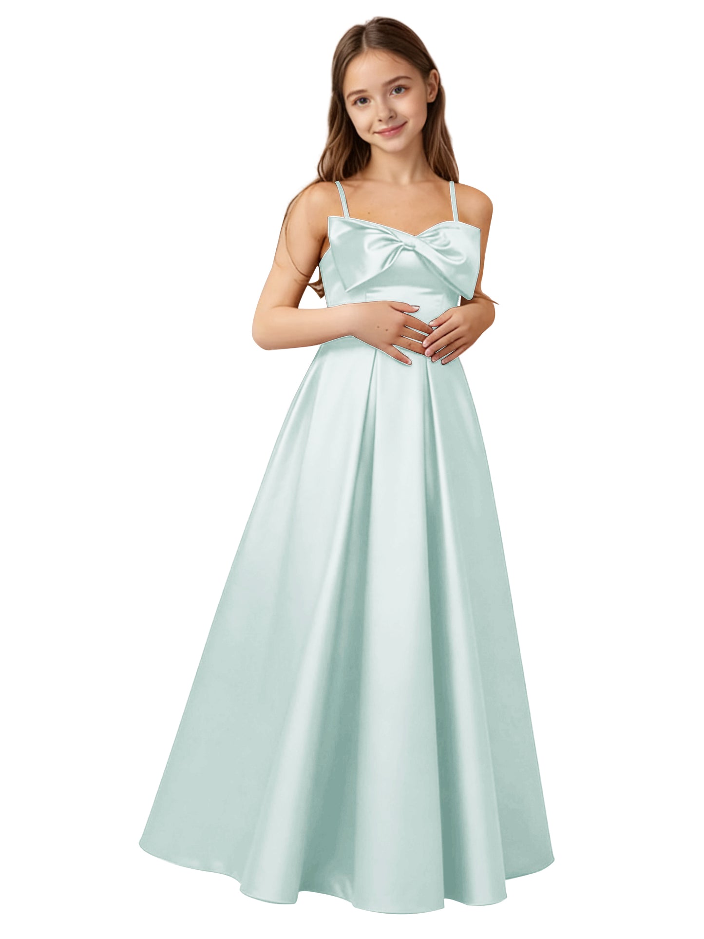 dideyttawl 2026 Girls Satin Prom Ball Gown with Big Bow Maxi Spaghetti Straps Junior Bridesmaid Flower Girl Dress 2548