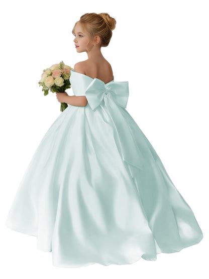 Dideyttawl Satin Flower Girl Dress A Line Off Shoulder Formal Ball Gown Bow Back