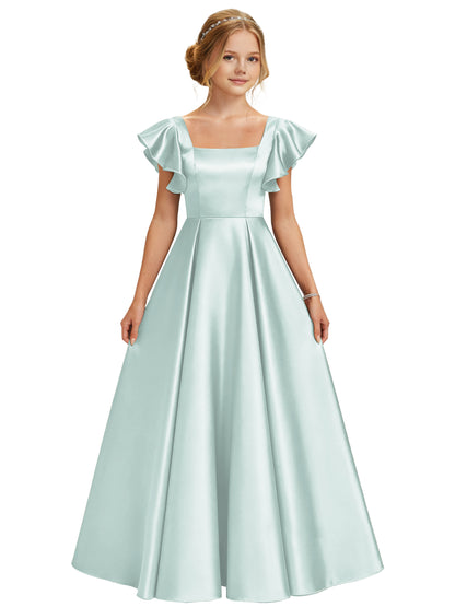 dideyttawl 2026 Girls Satin Prom Ball Gown Princess Dress Maxi Ruffle Sleeve Junior Bridesmaid Flower Girl Dresses 2546