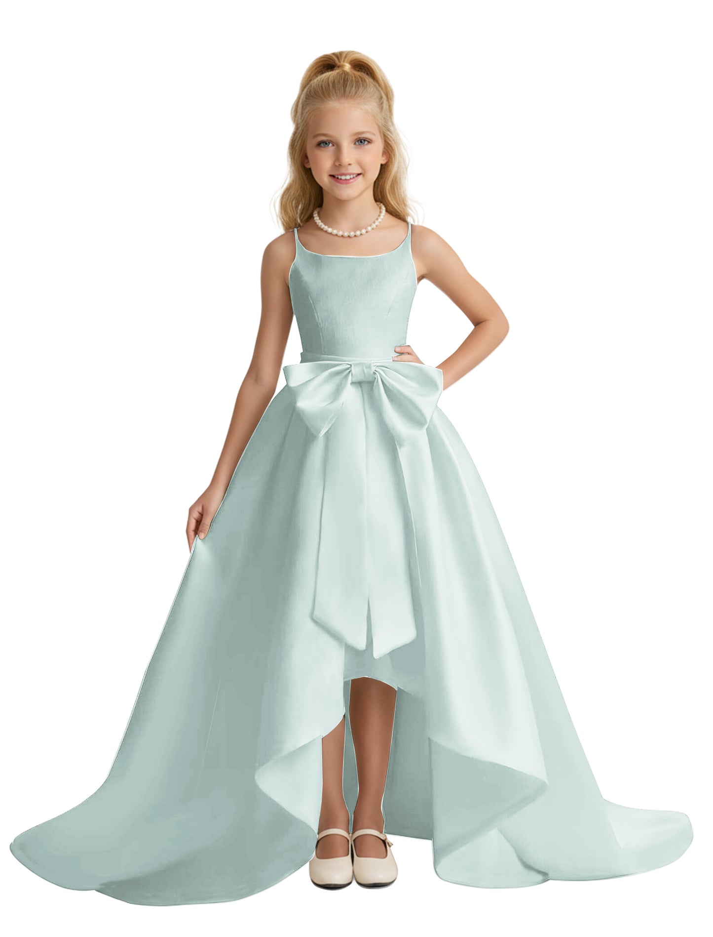 dideyttawl High-Low Big Bow Junior Bridesmaid Dresses for Girls 4-16 Satin A-Line Pageant Formal Party Dress 2535
