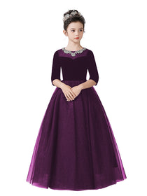 Dideyttawl Girls Formal Dress with Half Sleeves Velvet Bodice and Sparkly Tulle Skirt
