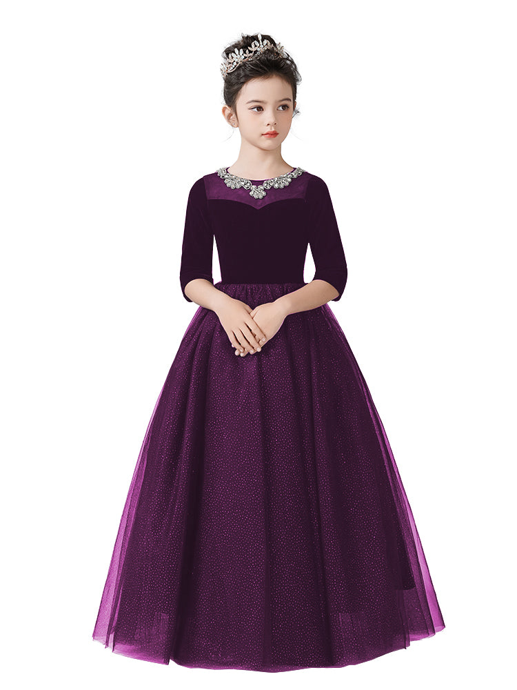 Dideyttawl Girls Formal Dress with Half Sleeves Velvet Bodice and Sparkly Tulle Skirt