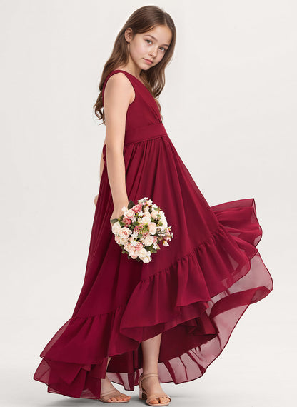 dideyttawl A-Line High Low Flower Girls Dress Long V-Neck Junior Bridesmaid Dresses for Teens Pleated Chiffon 2511