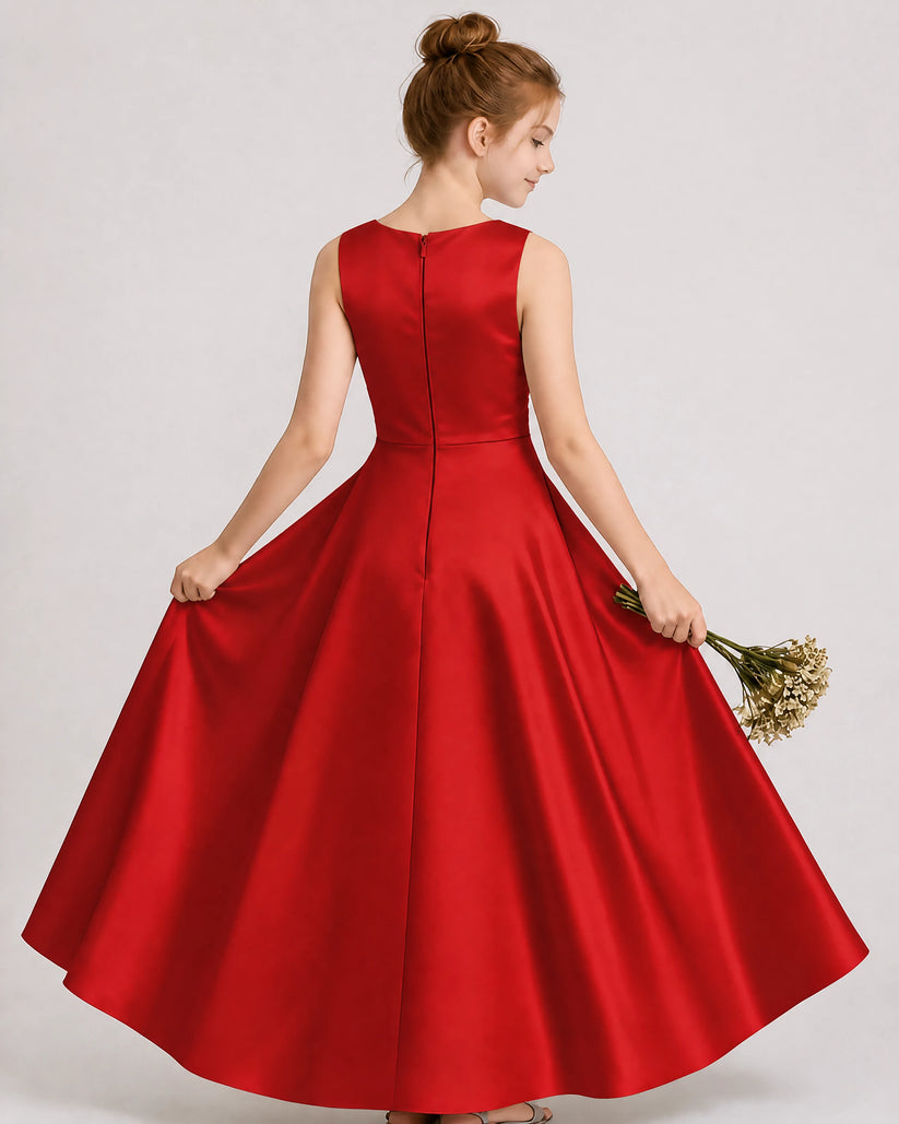 Red Satin A-line Junior Bridesmaid Dress Back View