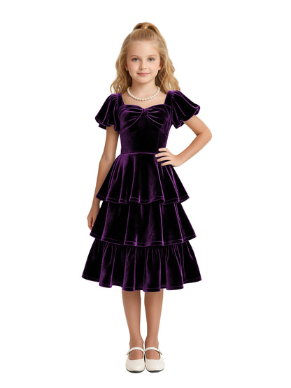 dideyttawl Girls Pleated Velvet Knee Length Junior Bridesmaid Dress with Short Lantern Sleeves 2543