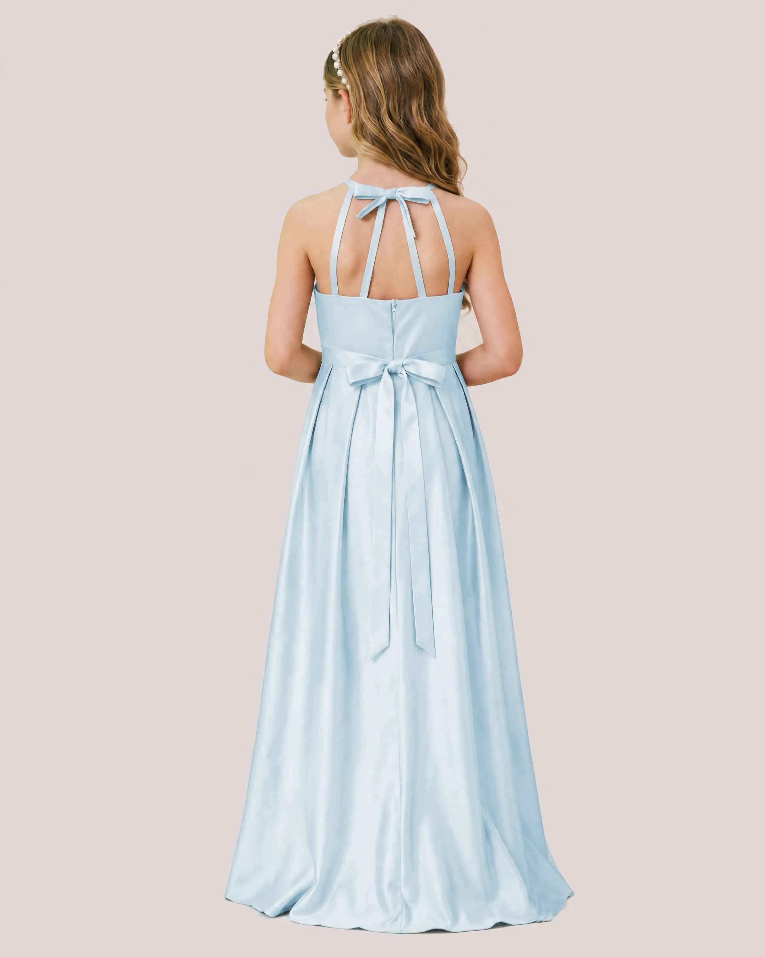 dideyttawl A-Line Junior Bridesmaid Dresses Satin Halter Special Occasion Dress Gown