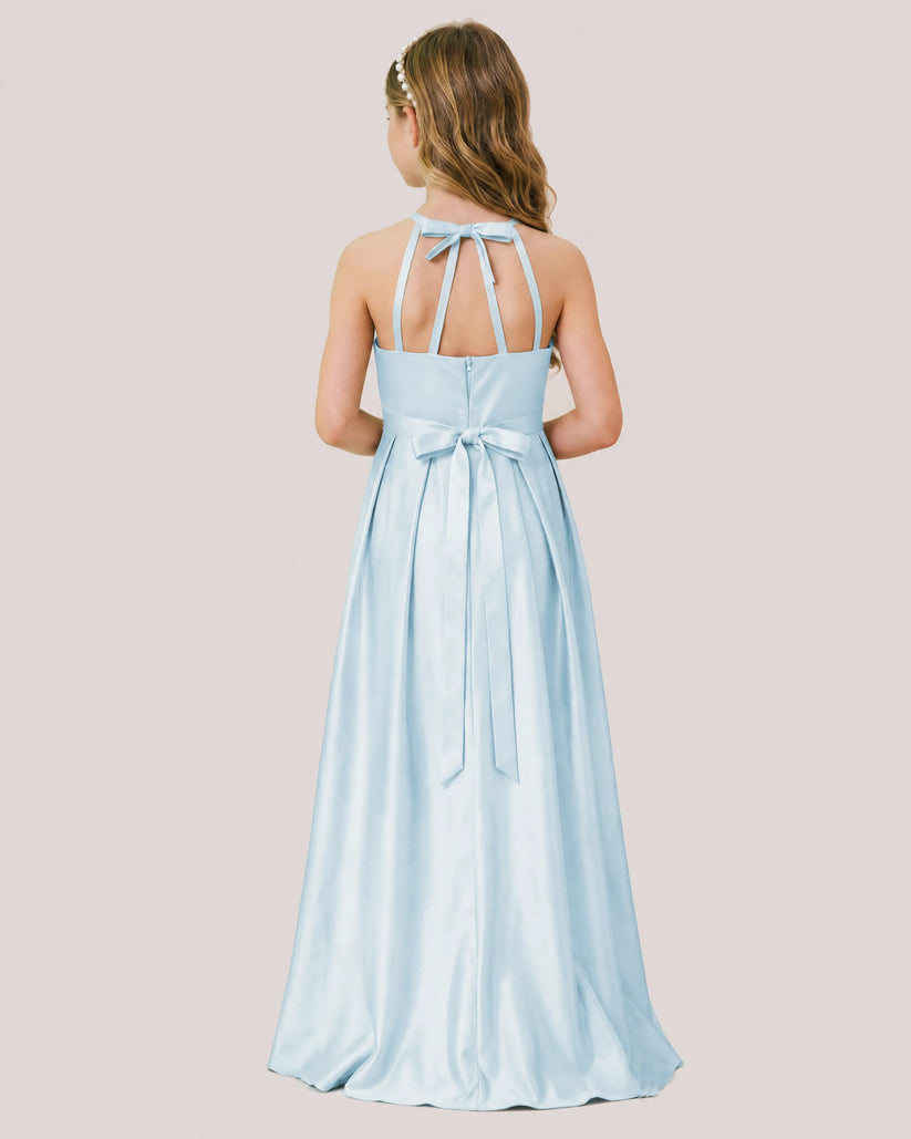 Baby Blue Satin A-line Junior Bridesmaid Dress Back View