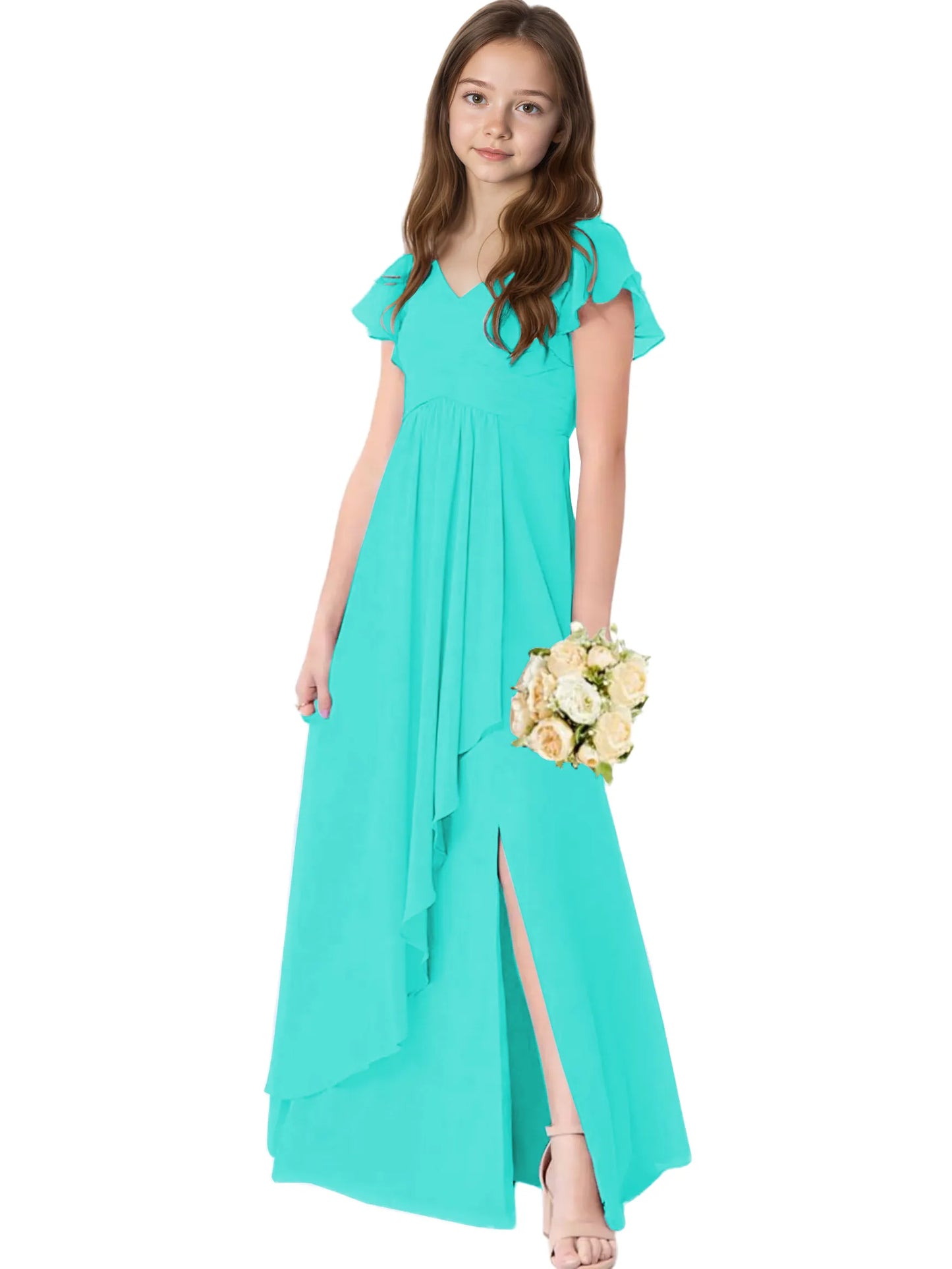 Dideyttawl Chiffon Junior Bridesmaid Dresses Ruffle Sleeves Party Gown 2506