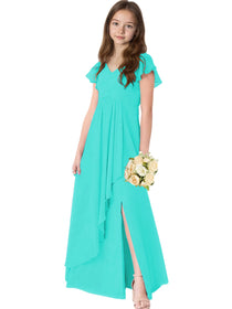 Dideyttawl Chiffon Junior Bridesmaid Dresses Ruffle Sleeves Party Gown 2506