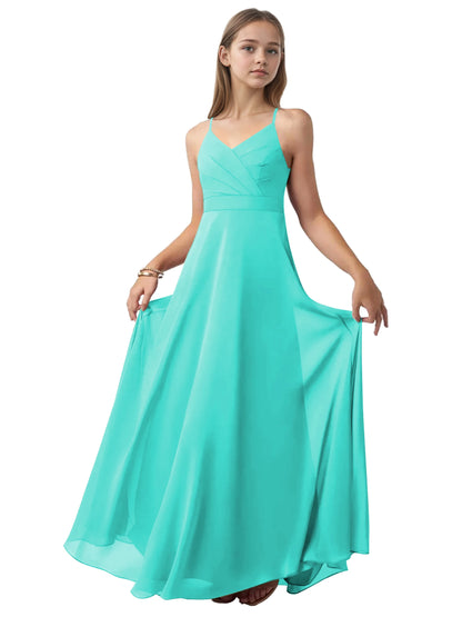 dideyttawl V-Neck Junior Bridesmaid Dress Spaghetti Straps Pleated Chiffon A-Line Flower Girl Dress 2510