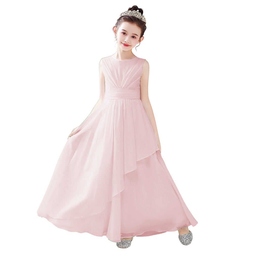 Dideyttawl White Junior Bridesmaid  Dress Chiffon Sleeveless Floor Length Gown