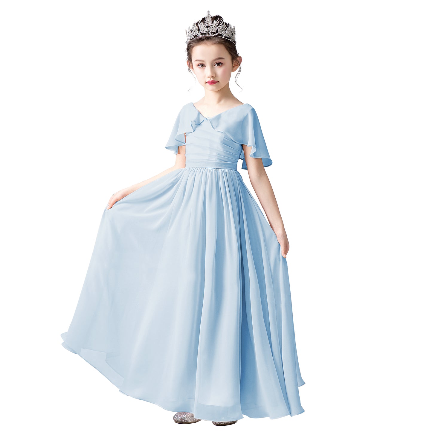 Chiffon Flower Girls Dress Cap Sleeves Junior Bridesmaid Dress for Girls 4-16 Special Occasion Dress for Wedding