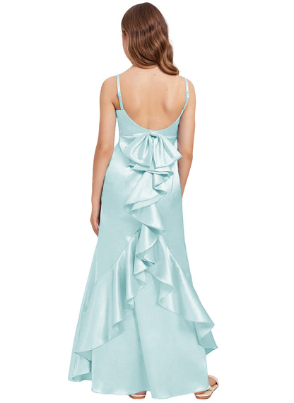 dideyttawl Mermaid Junior Bridesmaid Dress with Slit V-Neck Ruffles Bow Stretch Satin Flower Girl Dress Sleeveless Formal Special Occasion Dress for Wedding 2522