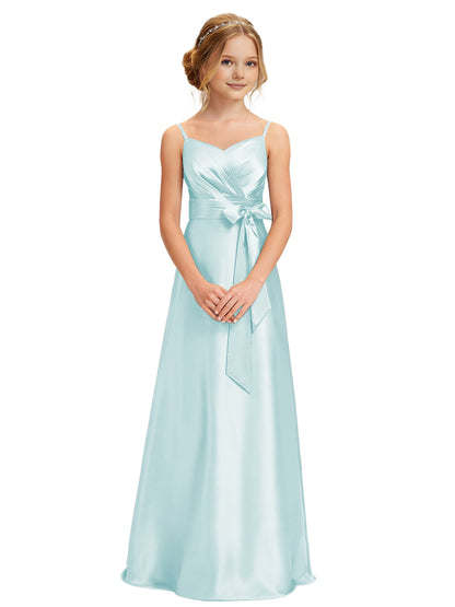 dideyttawl 2026 Girls Pleated Satin Prom Dress Bow Belt Ball Gown Maxi Spaghetti Straps Junior Bridesmaid Dress 2547