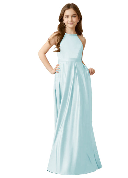 dideyttawl A-Line Junior Bridesmaid Dresses Halter Flower Girls Dress Satin Adjustable Straps Formal Gown 2532