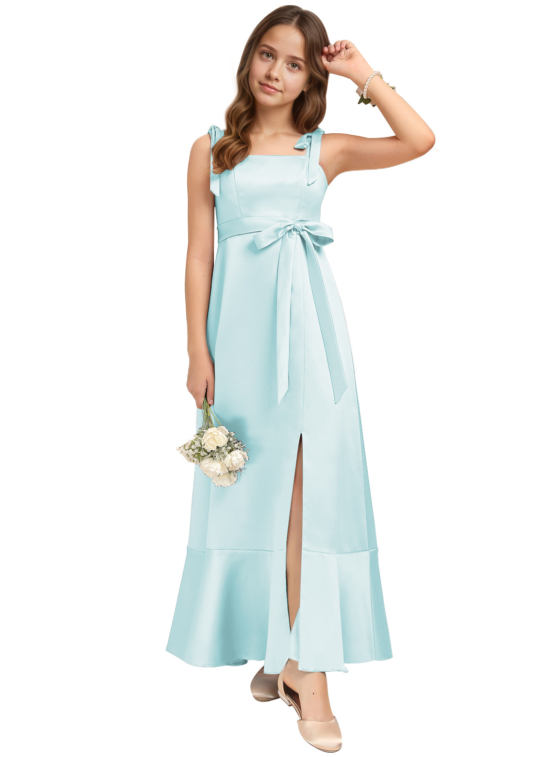 Dideyttawl Junior Bridesmaid Dresses with Slit  Satin Formal Gown for Girls 2529