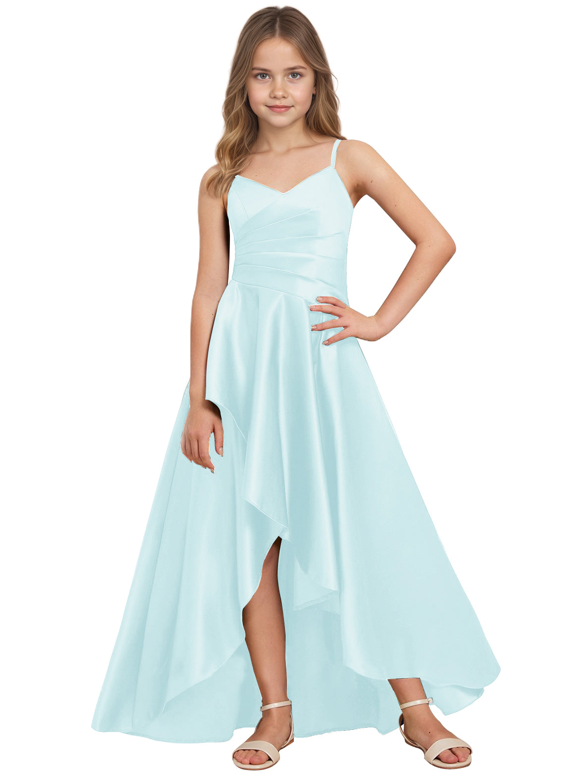 dideyttawl High Low Junior Bridesmaid Dress V-Neck Silk Satin Flower Girl Dress Sleeveless Formal Special Occasion Dress for Wedding 2523