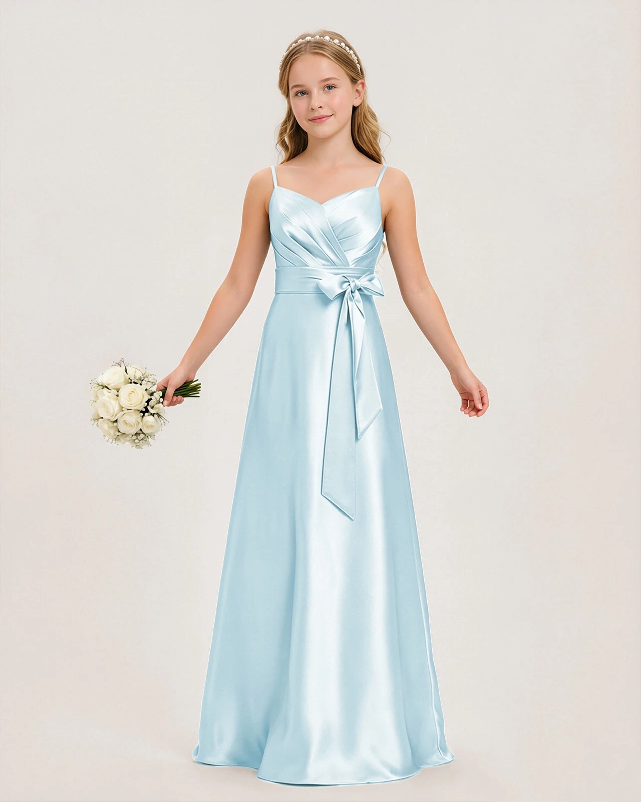 Dideyttawl Junior Bridesmaid Dress with Spaghetti Straps and Ruched Satin Side Bow, Dusty Blue / Customize