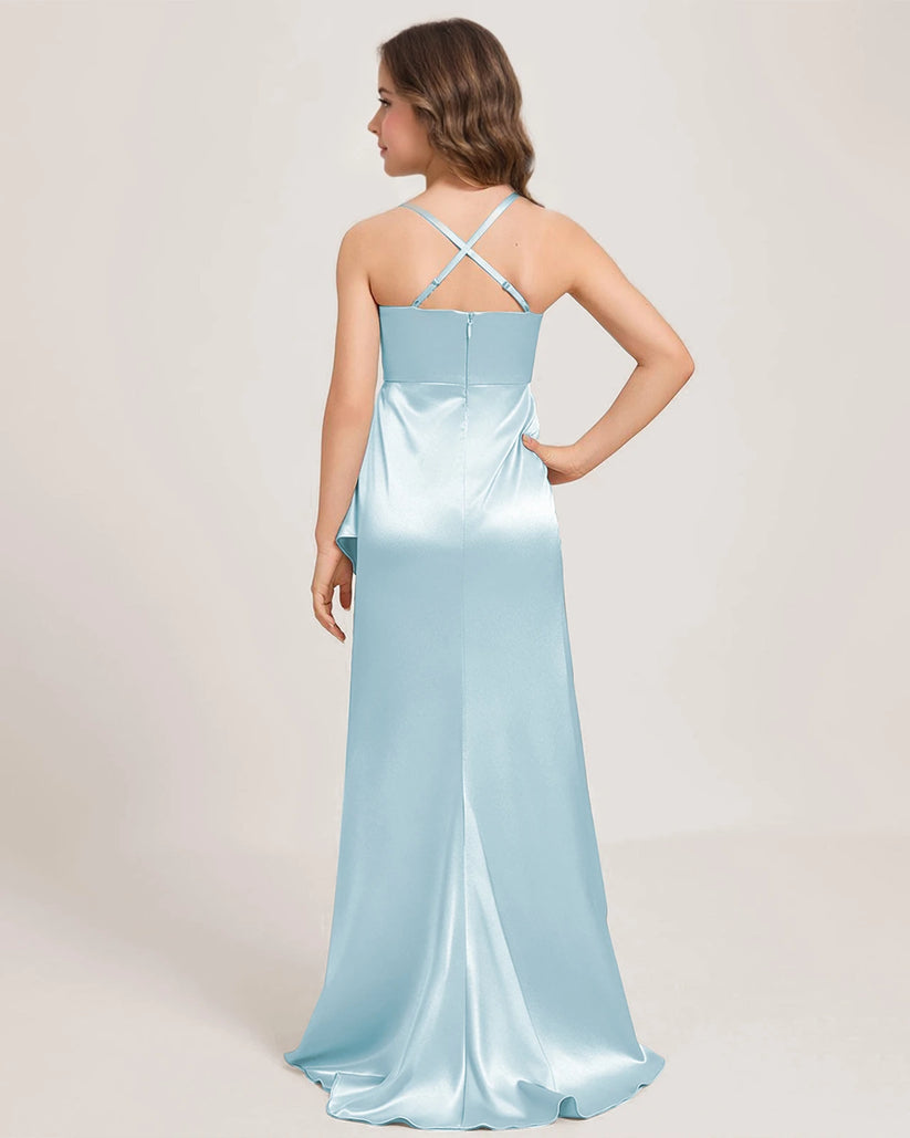 Baby Blue Satin Sheath Girls Formal Dress Back View