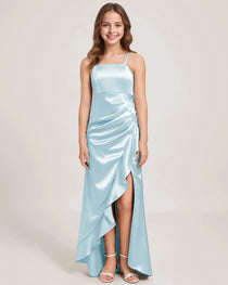 Dideyttawl Girls Formal Dress with Slit Ruffles Satin  Formal Gowns for Girls
