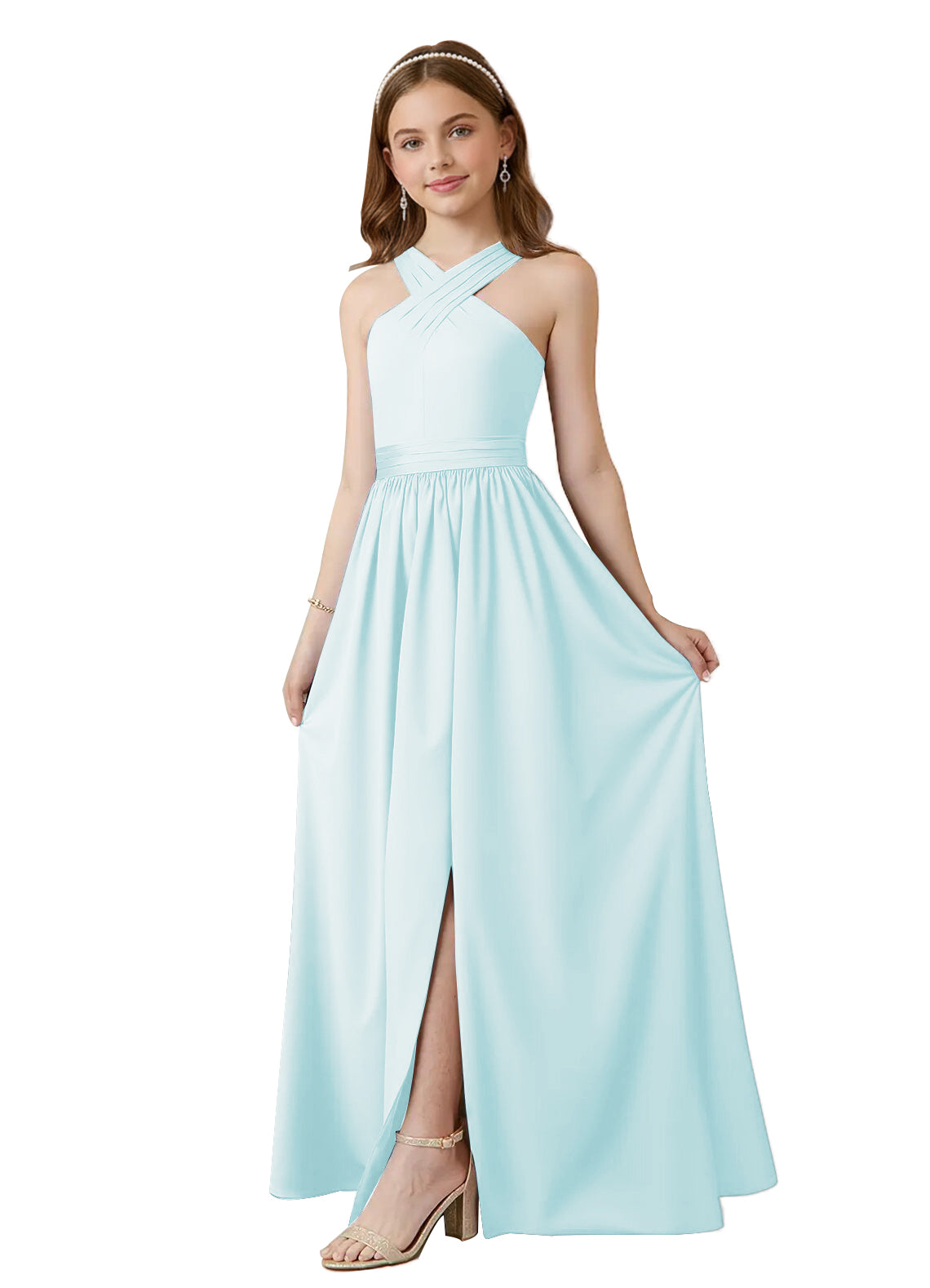 dideyttawl Junior Bridesmaid Dresses for Teen Girls Satin Halter A-Line Flower Girl Dress for Wedding 2531