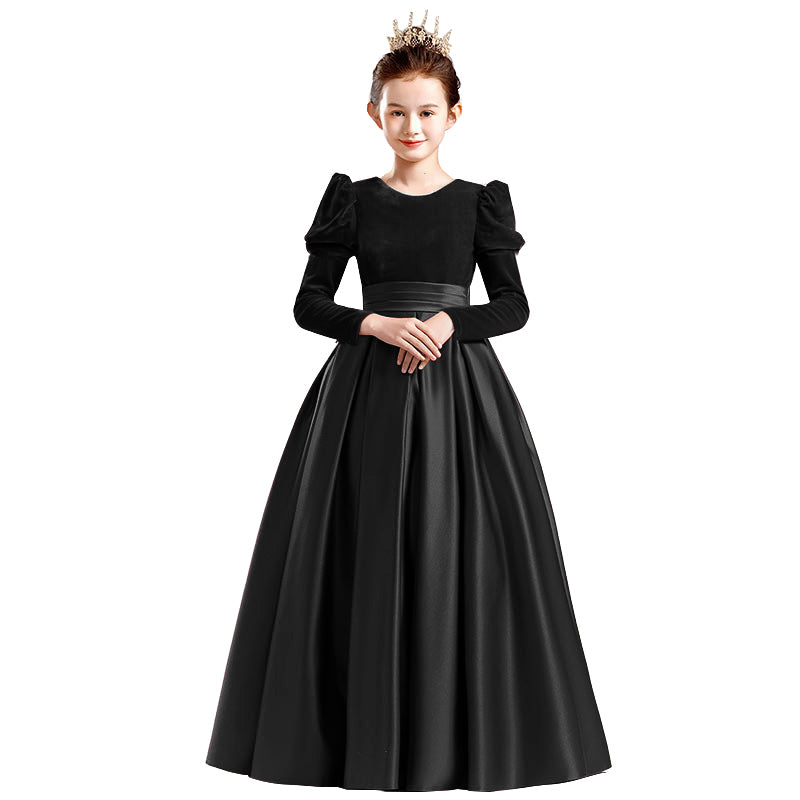Dideyttawl Velvet Girls Formal Dress Long Sleeves Satin Flower Girl Dress 2541