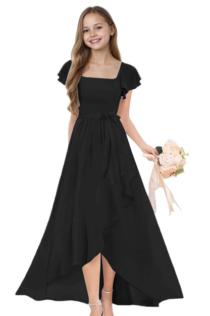 dideyttawl Long Junior Bridesmaid Dresses Ruffle Sleeve Square Neck Chiffon Flower Girl Dress for Wedding 2507
