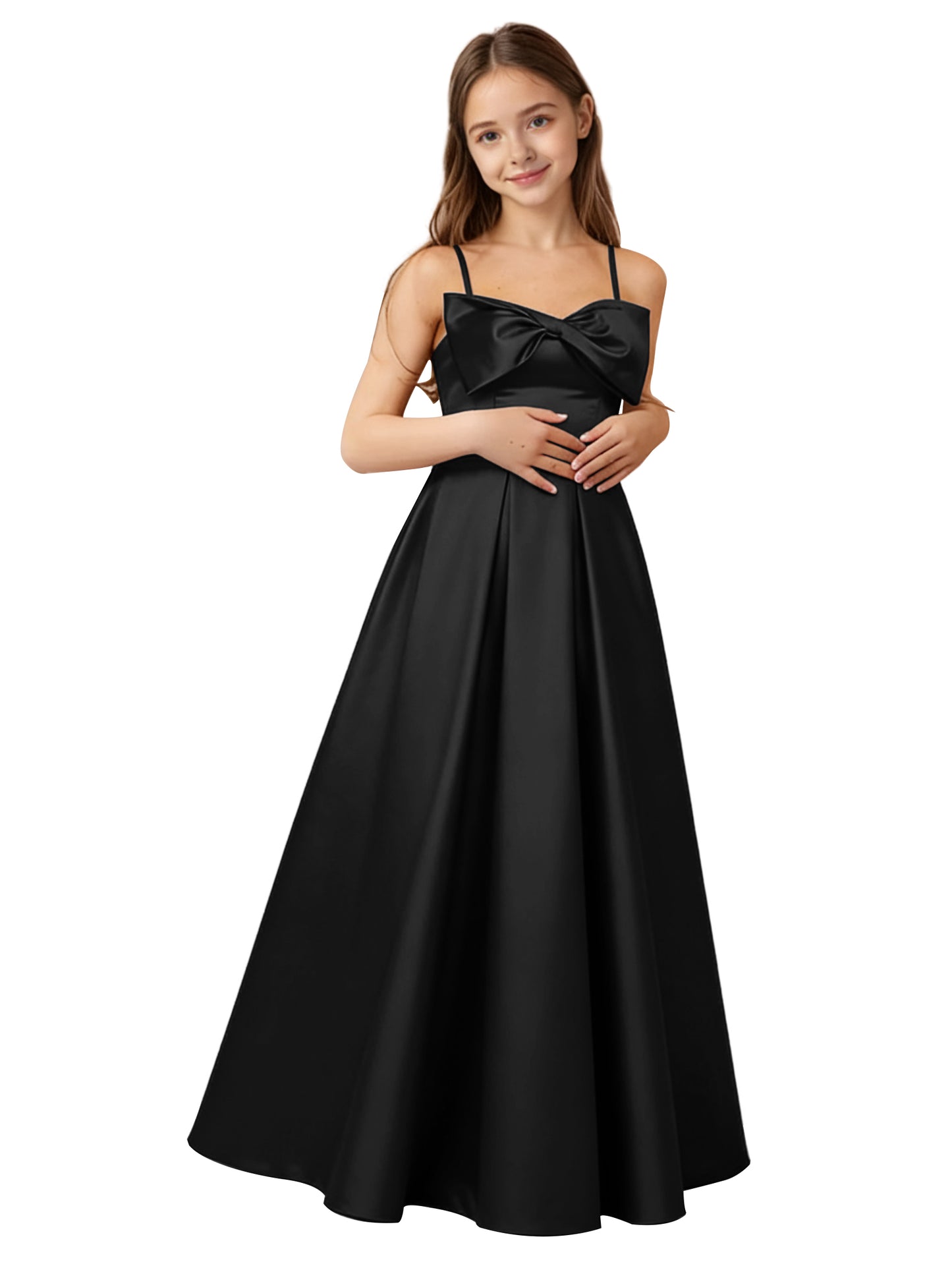 dideyttawl 2026 Girls Satin Prom Ball Gown with Big Bow Maxi Spaghetti Straps Junior Bridesmaid Flower Girl Dress 2548