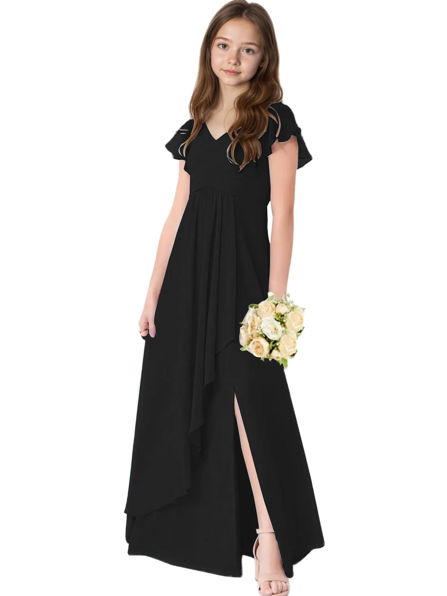 Dideyttawl Chiffon Junior Bridesmaid Dresses Ruffle Sleeves Party Gown 2506