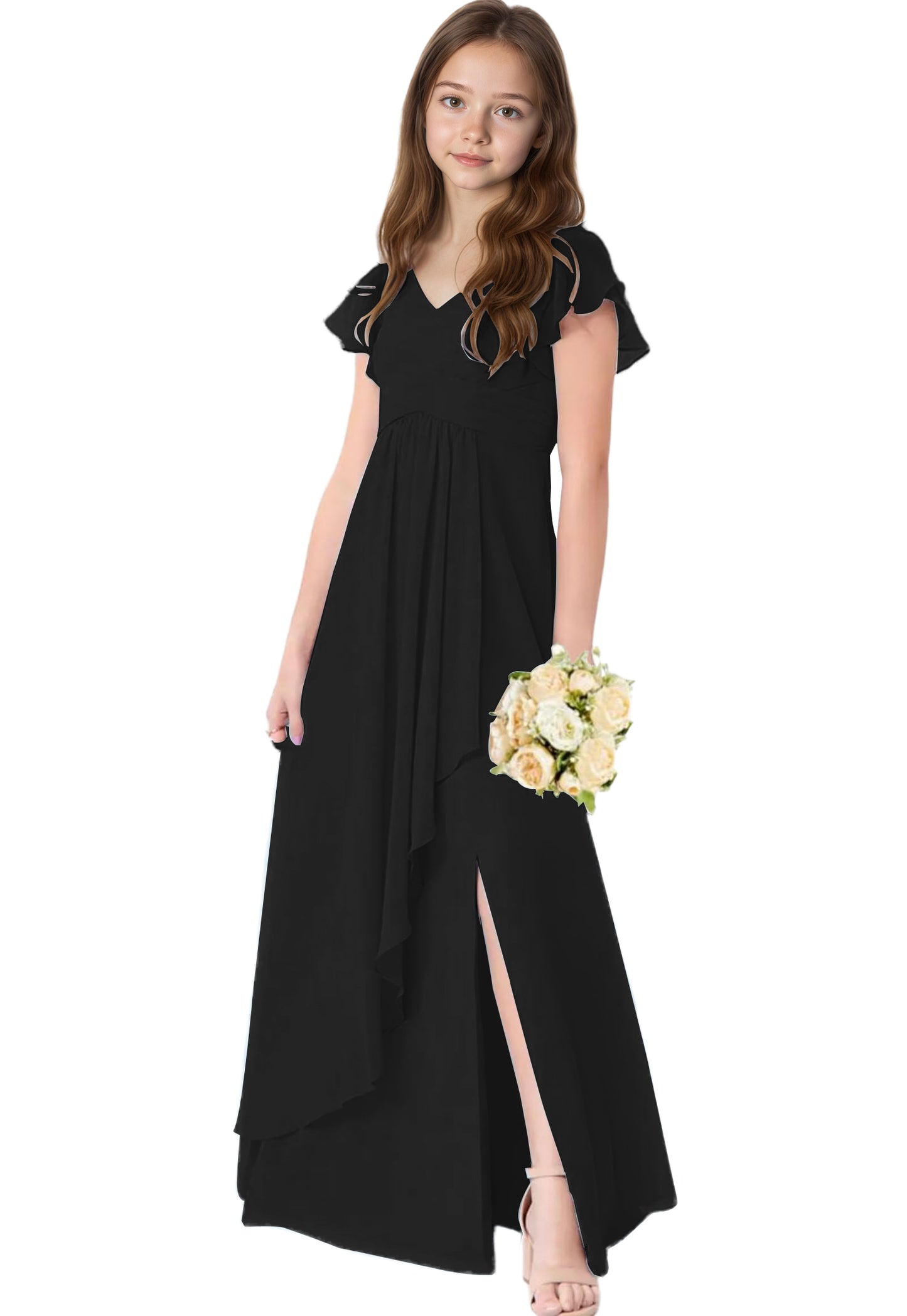 dideyttawl Chiffon Junior Bridesmaid Dresses V Neck Ruffle Sleeves Chiffon Pleated Flowy Flower Girls Dress or 4-16 2506