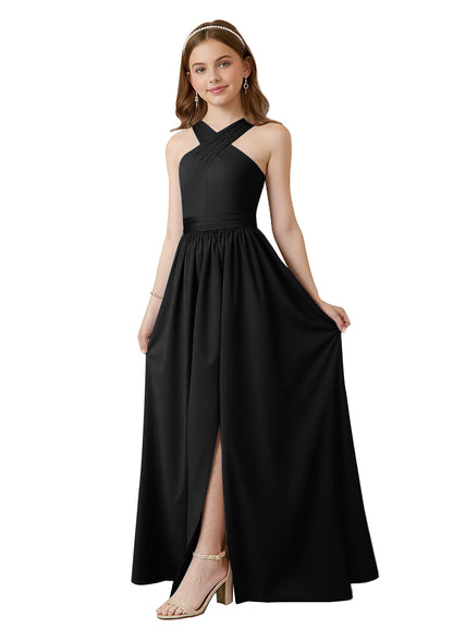 dideyttawl Junior Bridesmaid Dresses for Teen Girls Satin Halter A-Line Flower Girl Dress for Wedding 2531