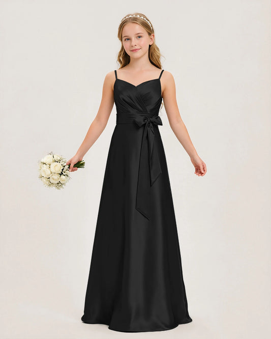 Black Satin A-line Junior Bridesmaid Dress Front View