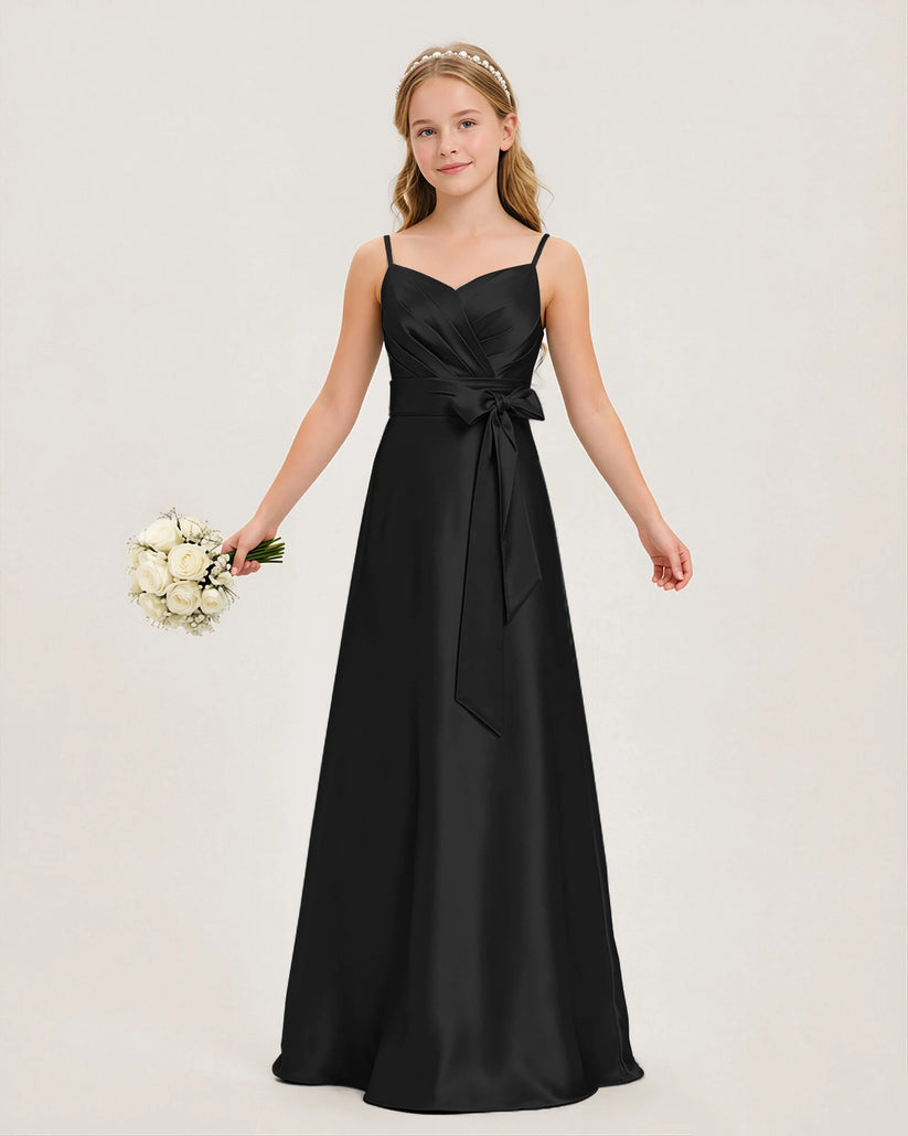 Black Satin A-line Junior Bridesmaid Dress Front View