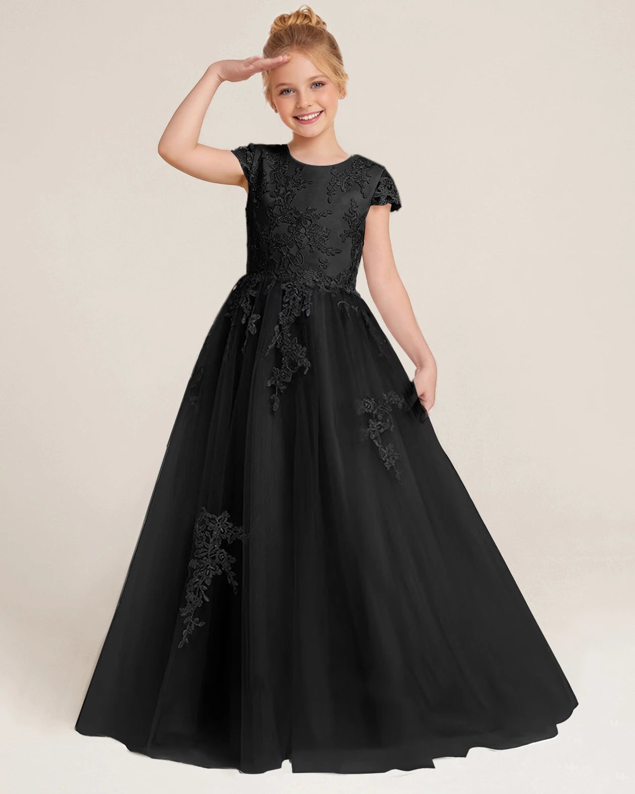 Dideyttawl Flower Girl Dress Lace Applique Cap Sleeves Princess Ball Gown