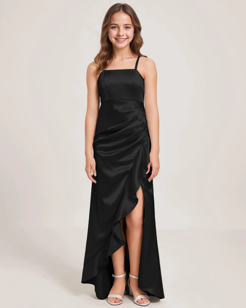 Black Satin A-line Girls Formal Dress Front View