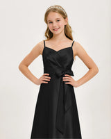 Black Satin A-line Junior Bridesmaid Dress Front View