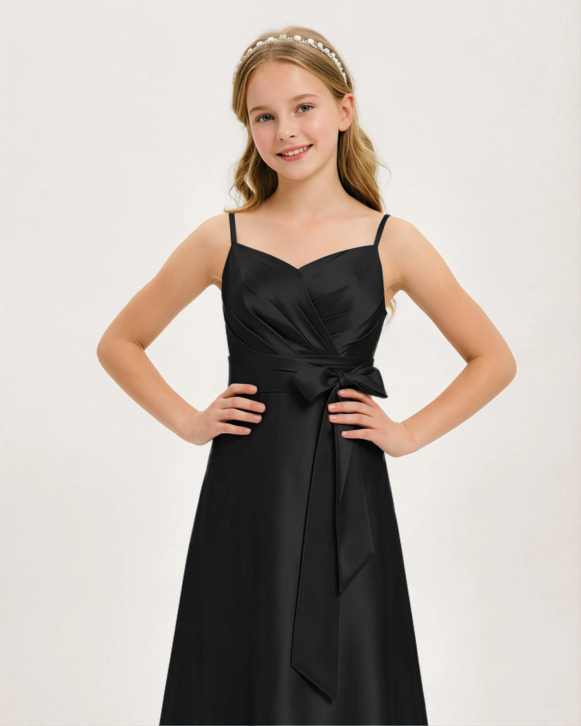 Black Satin A-line Junior Bridesmaid Dress Front View