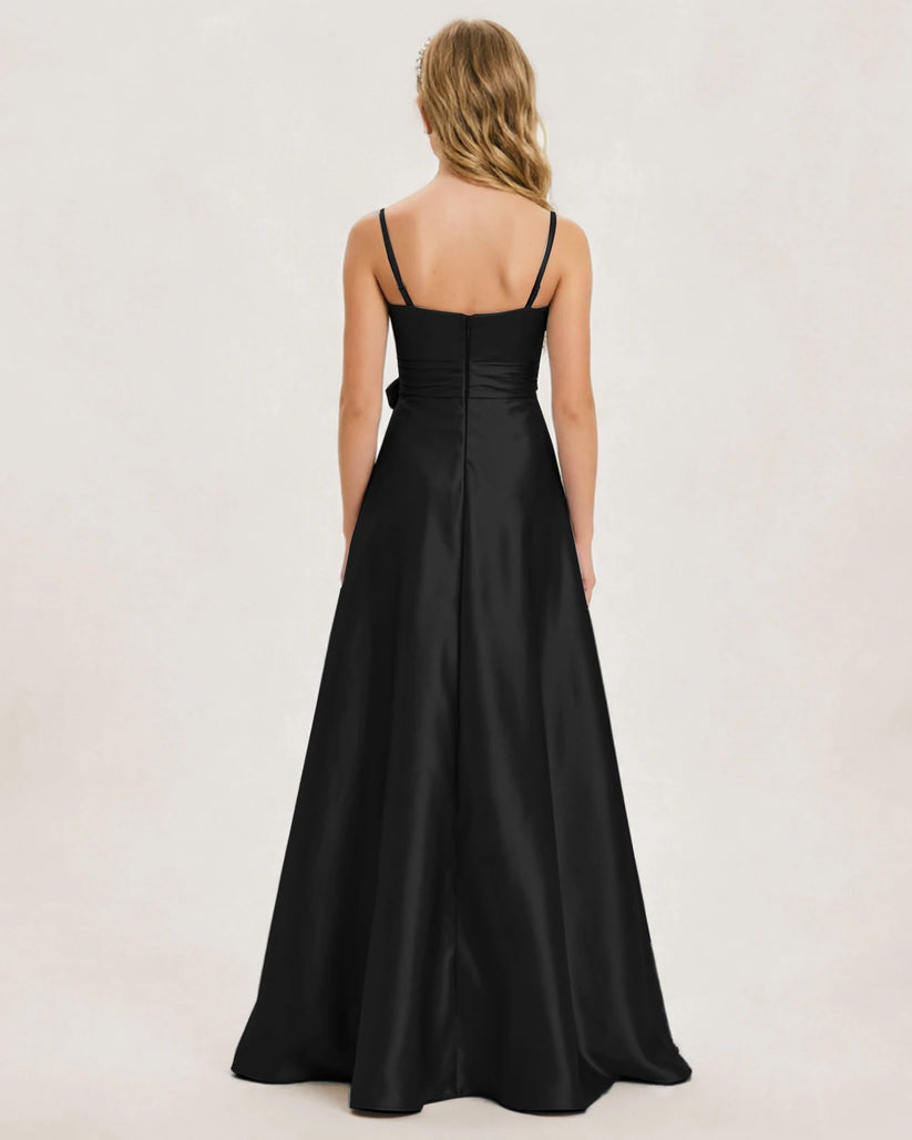 Black Satin A-line Junior Bridesmaid Dress Back View