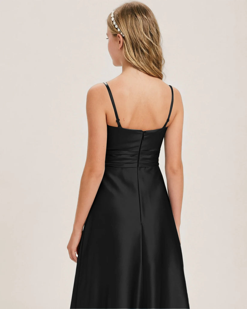 Black Satin A-line Junior Bridesmaid Dress Back View