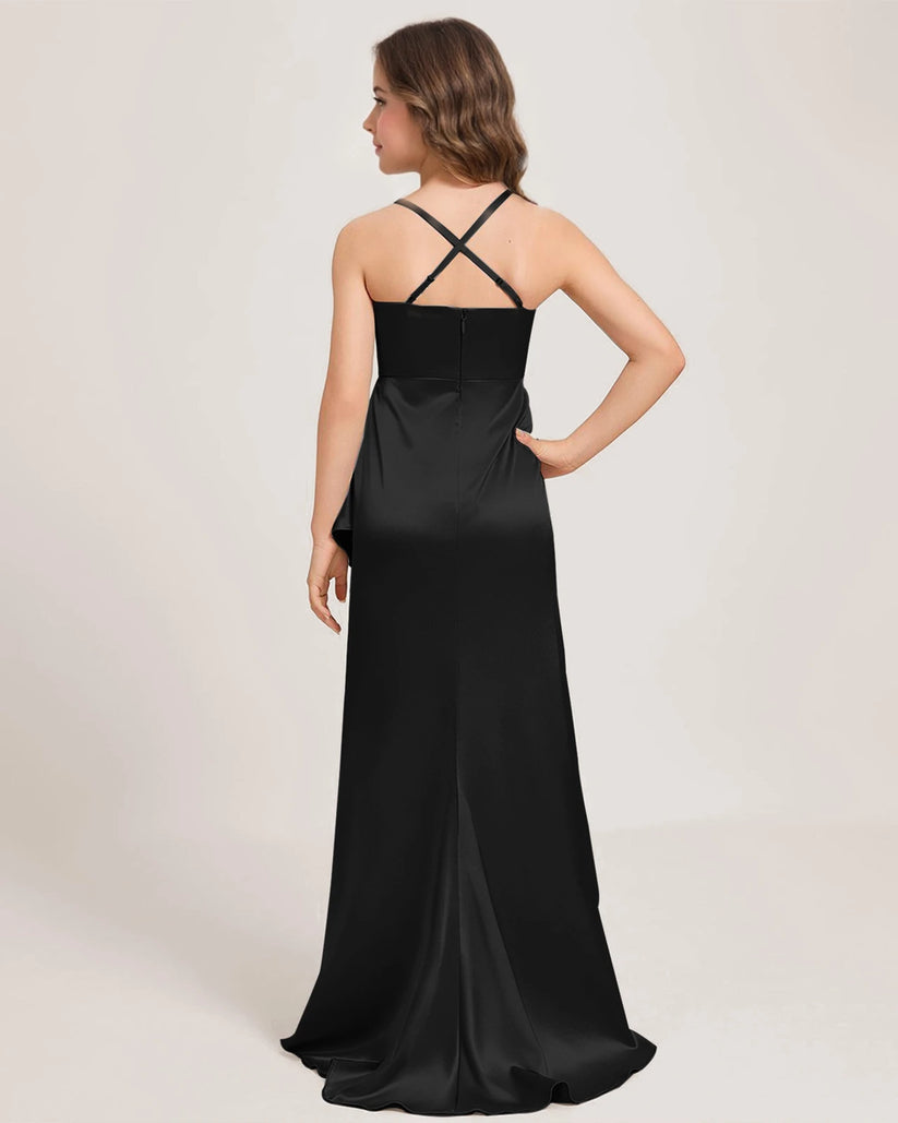Black Satin A-line Girls Formal Dress Back View