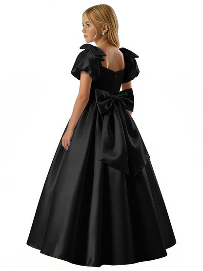 dideyttawl 2026 Satin Flower Girl Dress A Line Big Bow Long Prom Princess Ball Gown Puff Sleeves Junior Bridesmaid Dress 2773