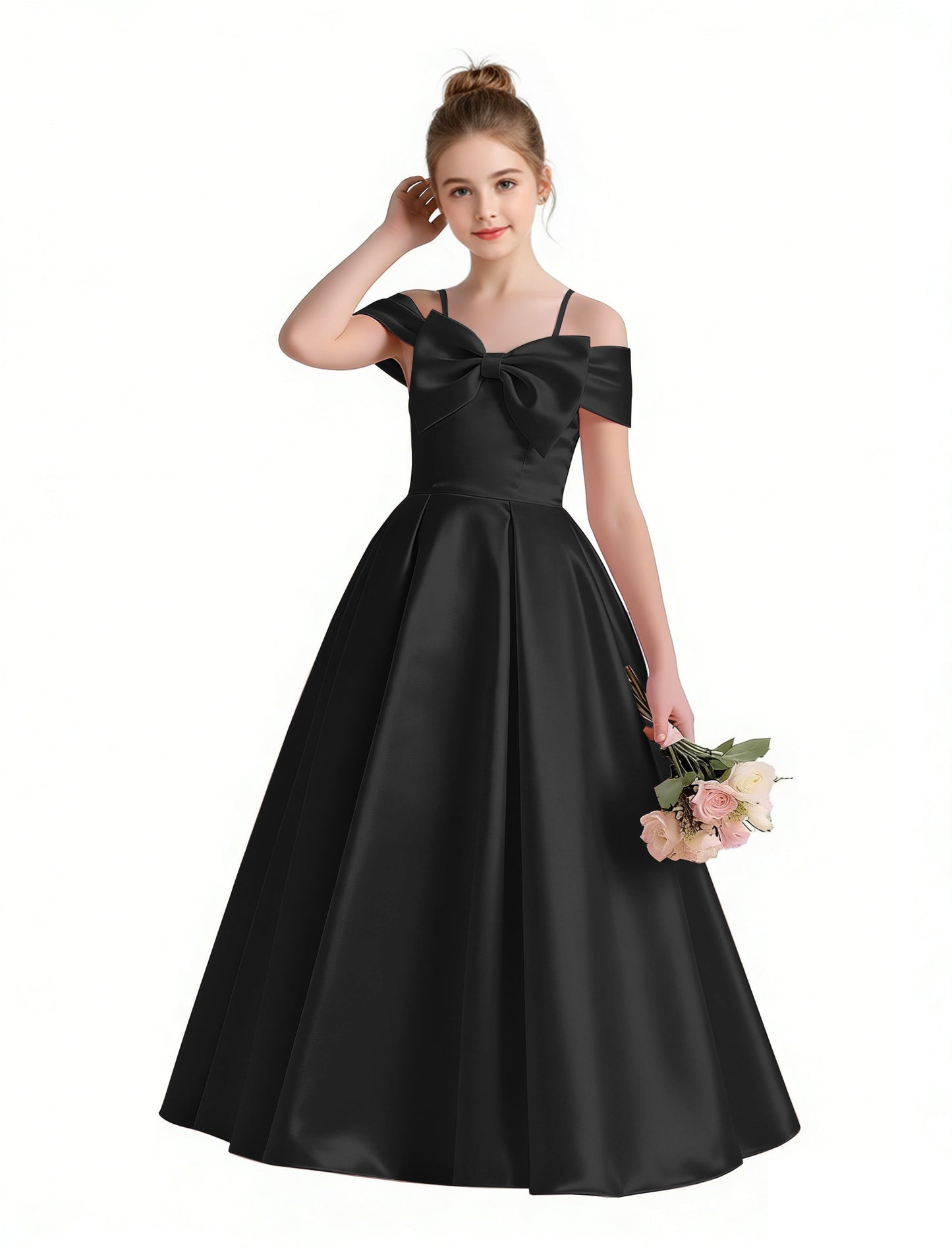 dideyttawl 2026 Off Shoulder Flower Girl Dress Big Bow Junior Bridesmaid Dress A-Line Sleeveless Prom Ball Gown 2790