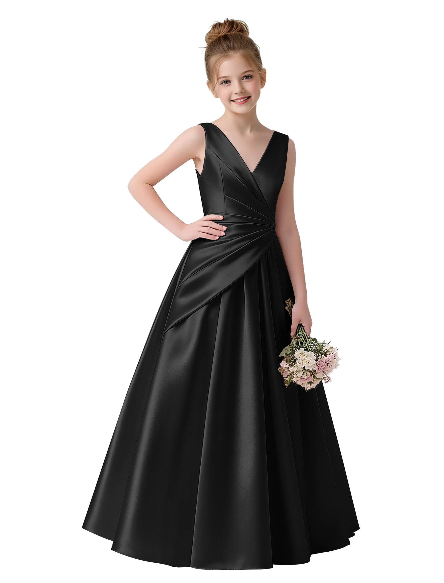 dideyttawl 2026 Pleated Satin Flower Girl Dress Junior Bridesmaid Dress Sleeveless A Line V-Neck Prom Ball Gown 2786