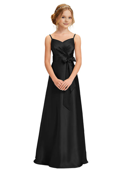 dideyttawl 2026 Girls Pleated Satin Prom Dress Bow Belt Ball Gown Maxi Spaghetti Straps Junior Bridesmaid Dress 2547