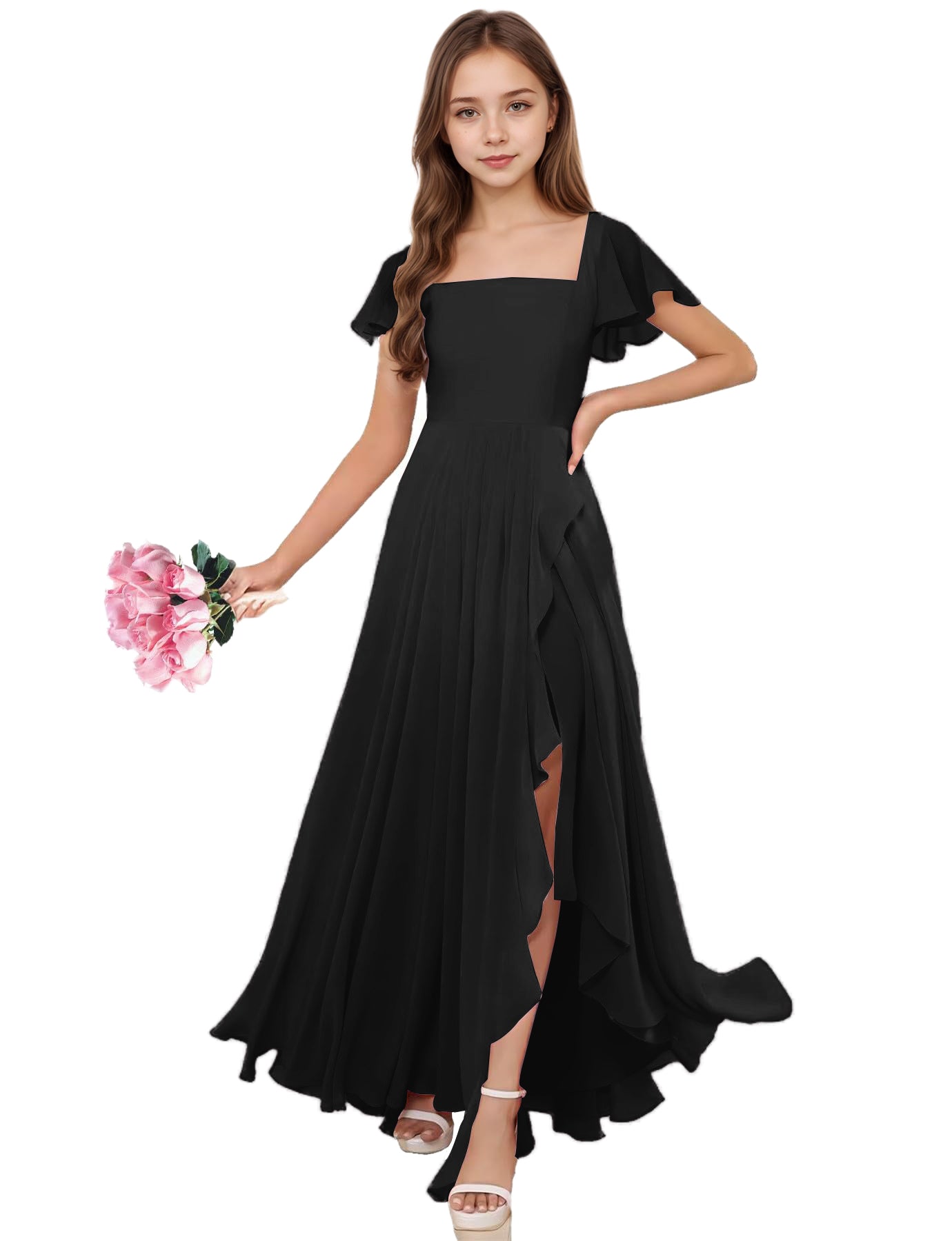 dideyttawl Junior Bridesmaid Dresses Ruffle Sleeve Square Neck Chiffon A-Line Flower Girl Dress with Slit 2508