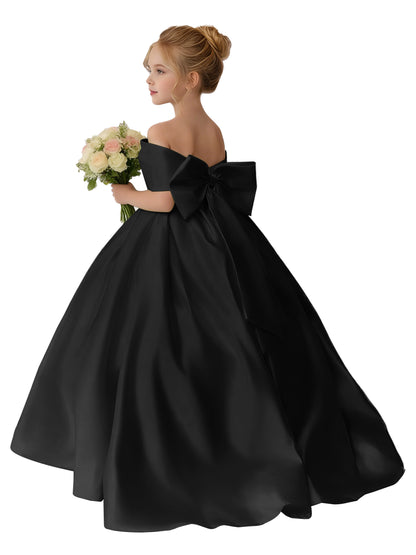 Dideyttawl Satin Flower Girl Dress A Line Off Shoulder Formal Ball Gown Bow Back