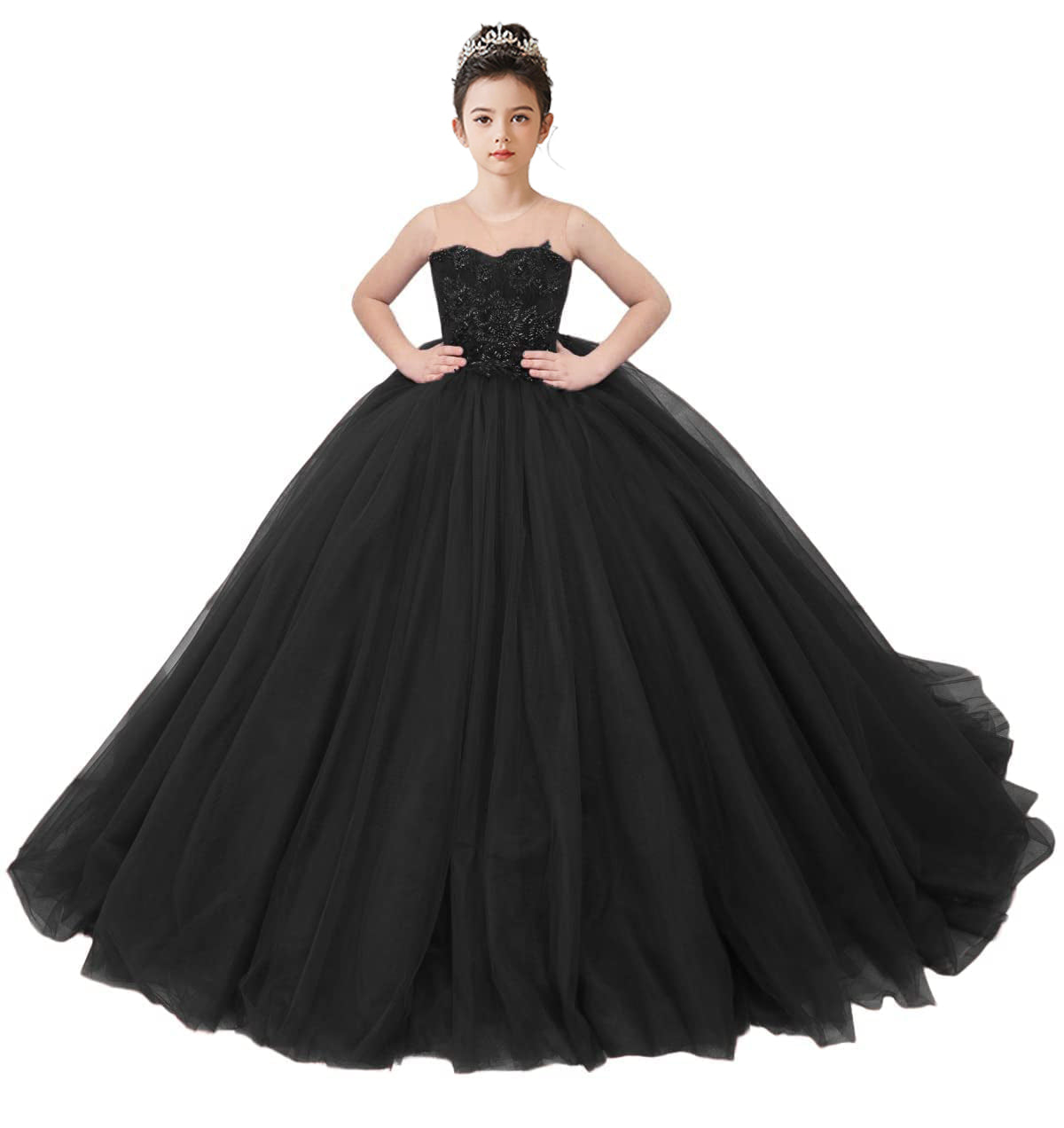 2025 Spring Embroidery Lace Appliqued Tulle Flower Girls Dress Wedding Guest Dress Puffy Princess Dress Strapless Full Length Pageant Dress