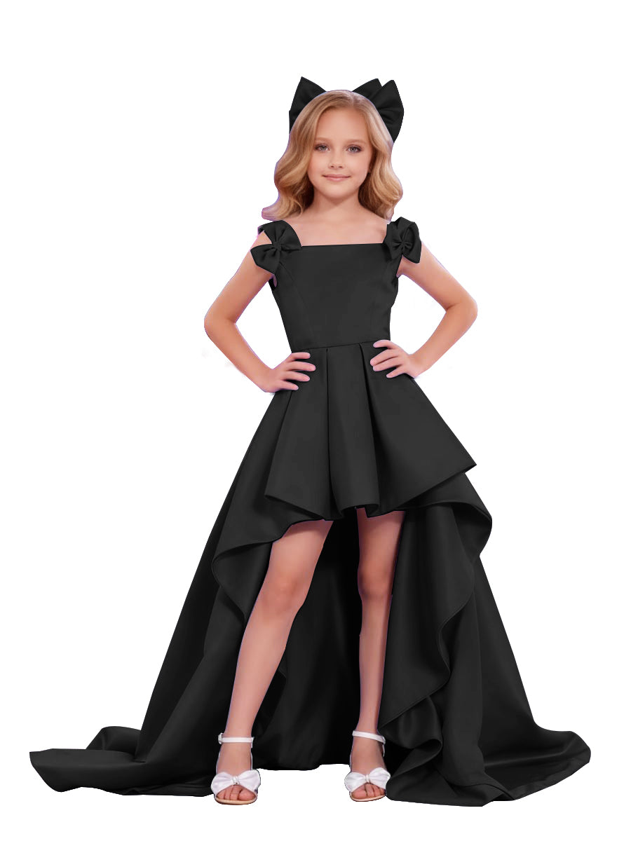 dideyttawl High-Low Junior Bridesmaid Dresses for Girls Pleated Satin A-Line Bow Straps Pageant Formal Party Dress 2536