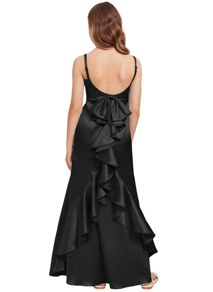 dideyttawl Mermaid Junior Bridesmaid Dress with Slit V-Neck Ruffles Bow Stretch Satin Flower Girl Dress Sleeveless Formal Special Occasion Dress for Wedding 2522
