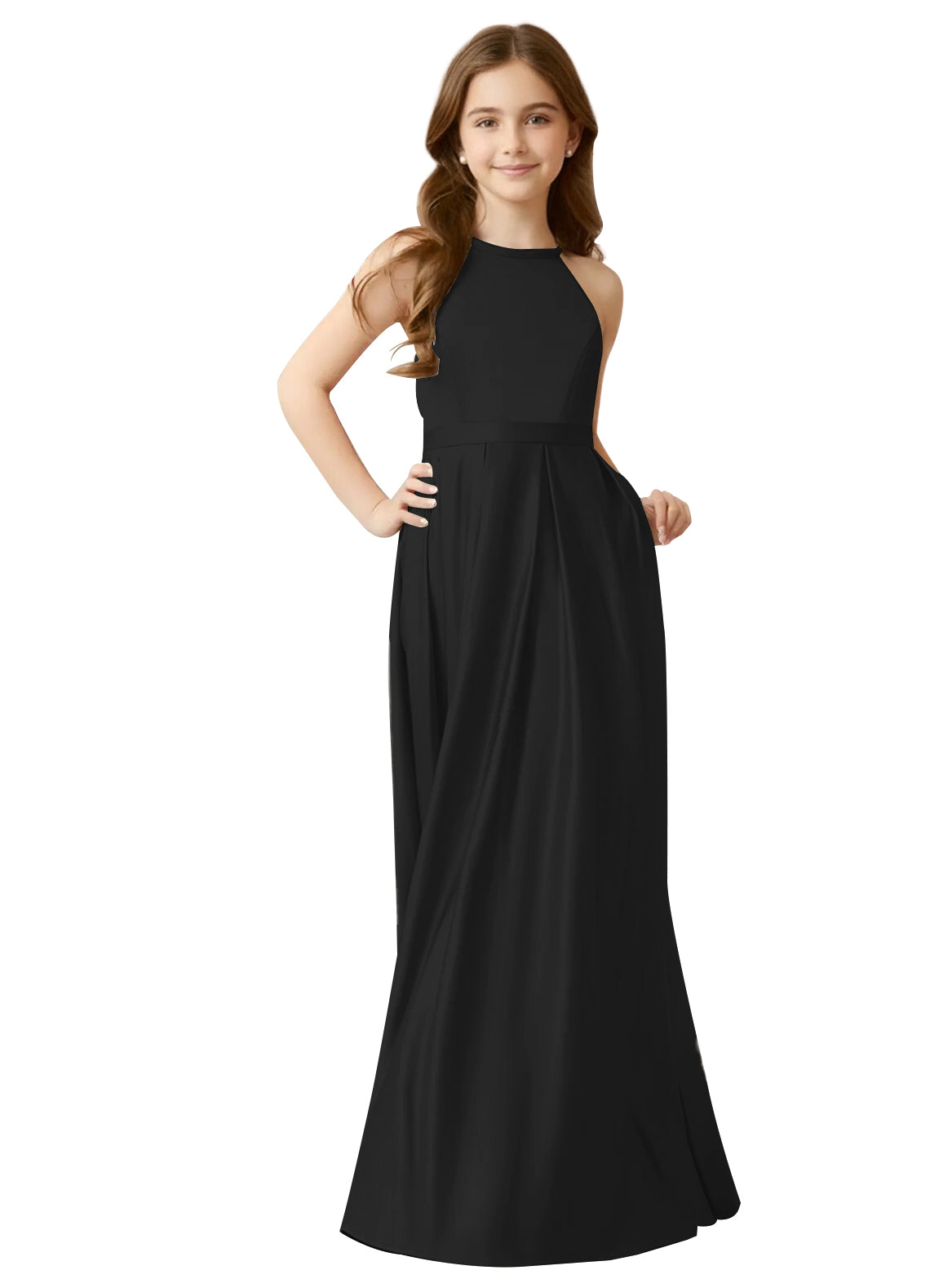 dideyttawl A-Line Junior Bridesmaid Dresses Halter Flower Girls Dress Satin Adjustable Straps Formal Gown 2532